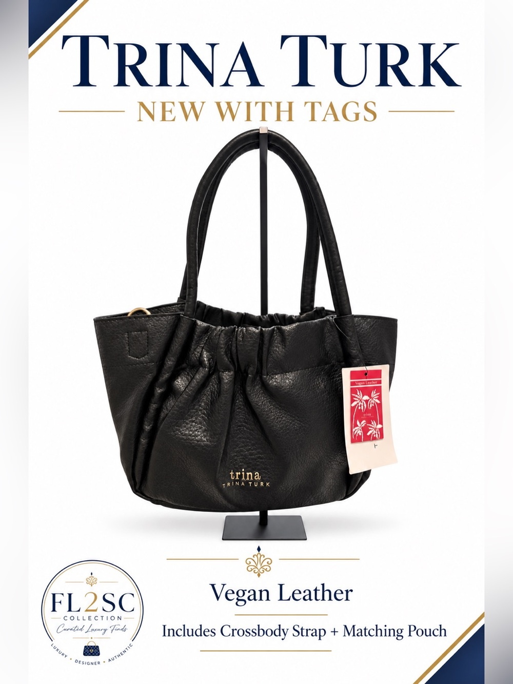 Trina Turk Black Vegan Leather Shoulder Bag with Gathered Top